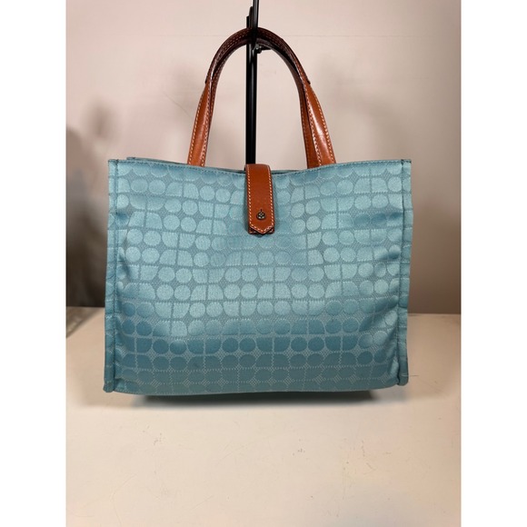 kate spade Handbags - Kate Spade New York Aqua Blue Dot Noel Jacquard Tote Bag with Tan Leather Trim